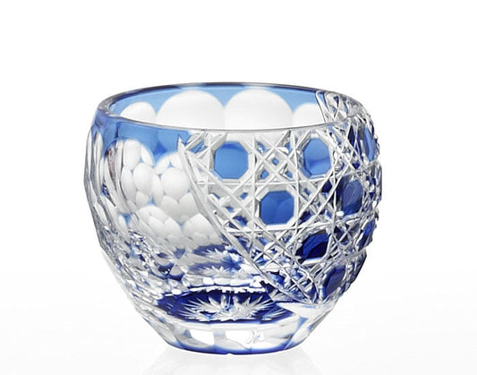 Sake Glass, Edo Kiriko "Tortoiseshell & Octagonal Basket Weave" By Katsumi Hayashi, Master of traditional crafts